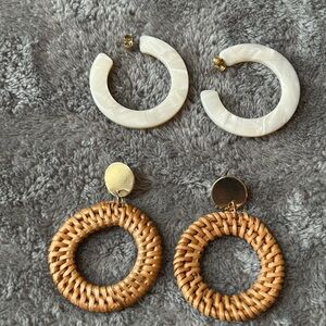 Set of 2 Women's Hoop Earrings - Cream Resin & Tan Woven